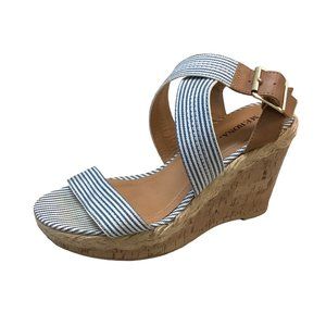 MERONA Blue & White Striped Jute Sided Nautical Wedge Heel Sandal w Adjustable A